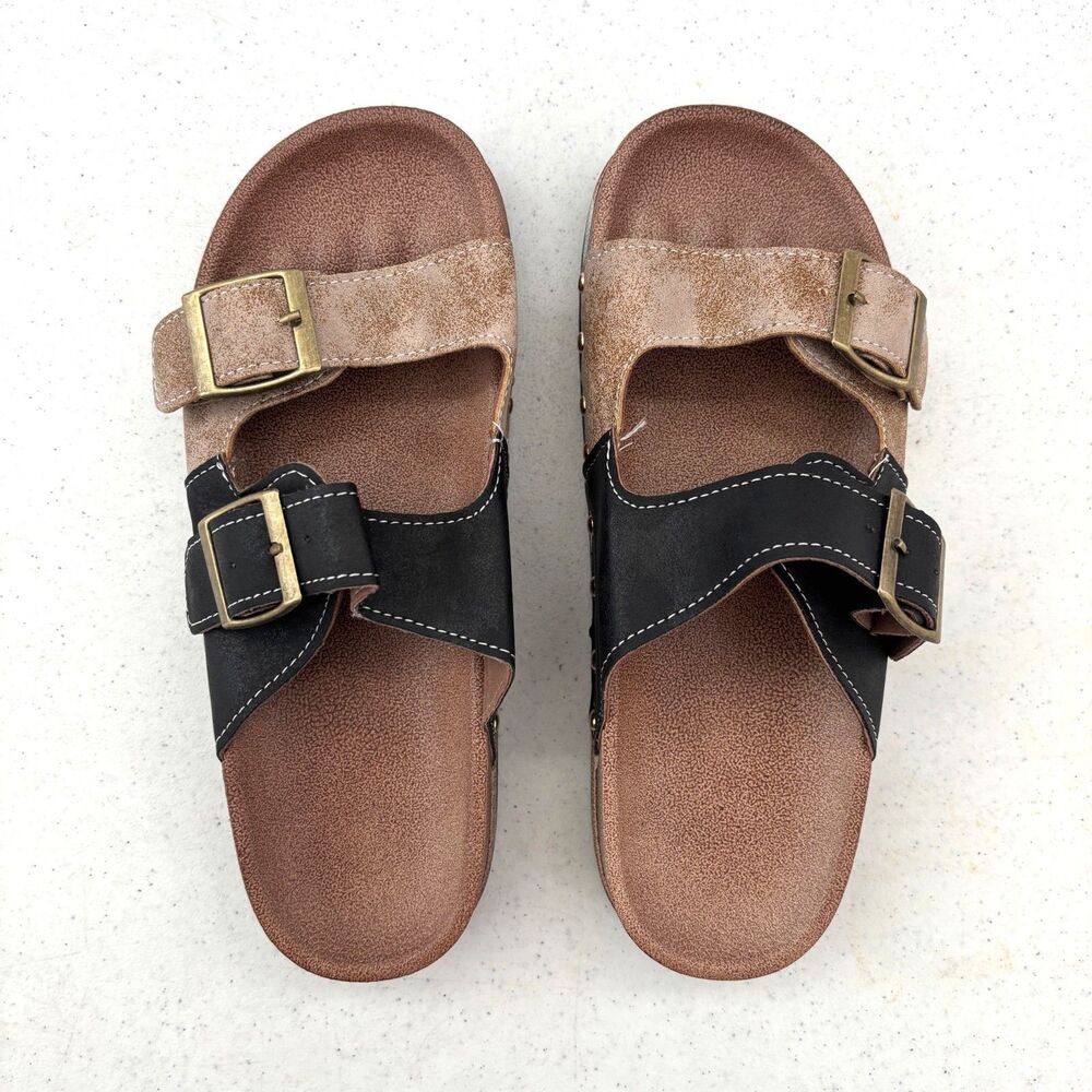 Womens Casual Everyday Double Buckle Sandals Two Tone Tan Black EU38 US 7.5